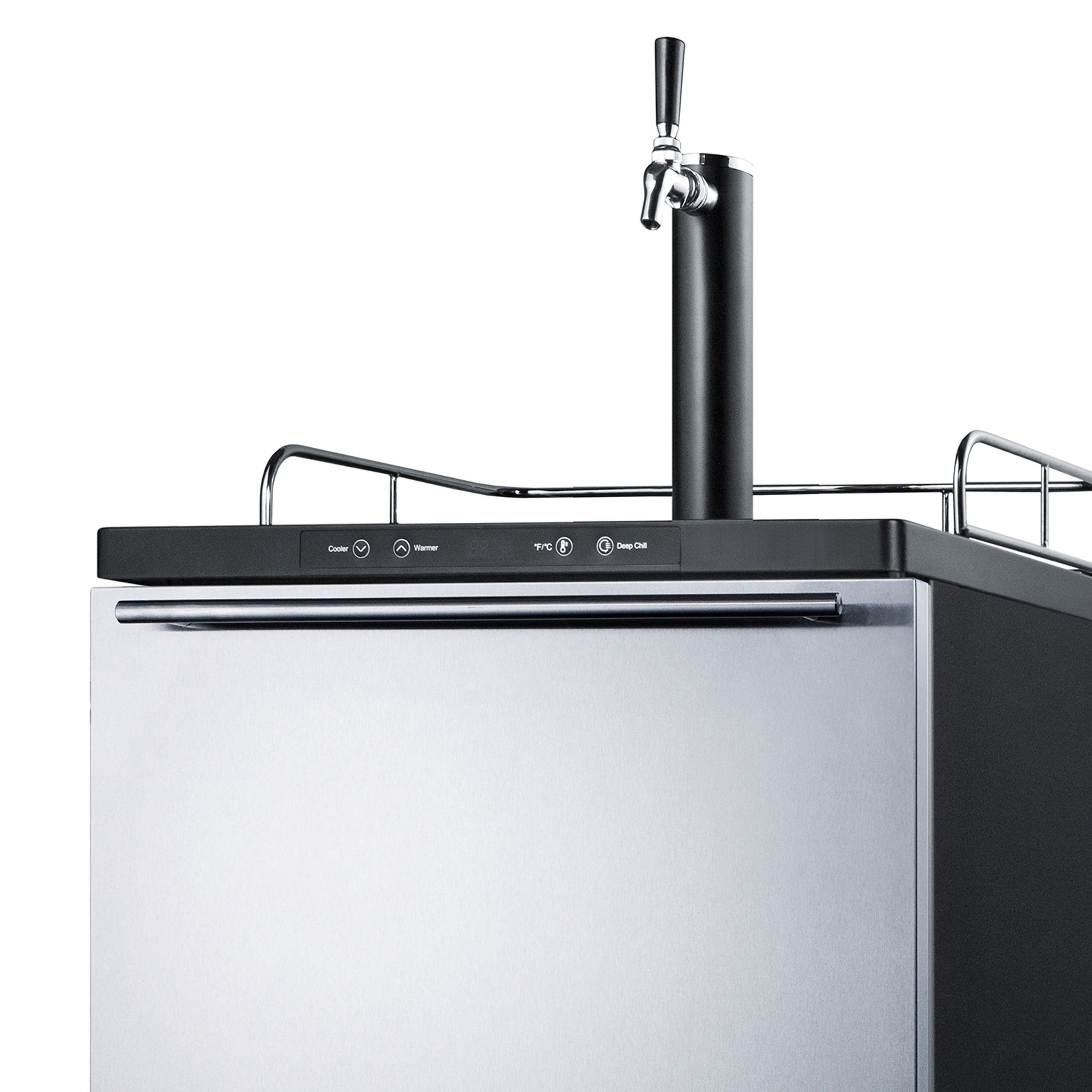 Freestanding residential beer dispenser, auto defrost with digital thermostat, stainless steel wrapped door, horizontal handle and black cabinet
